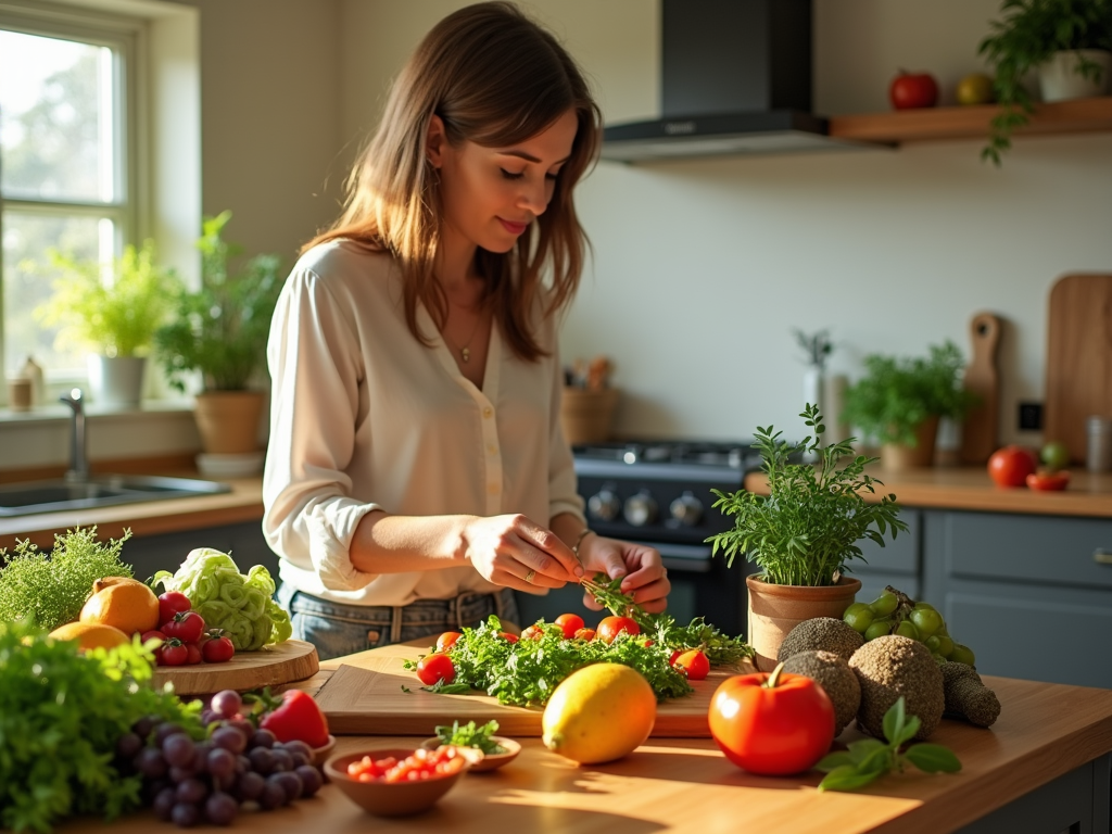 Женщина готовит салат на кухне, на столе свежие овощи и зелень.