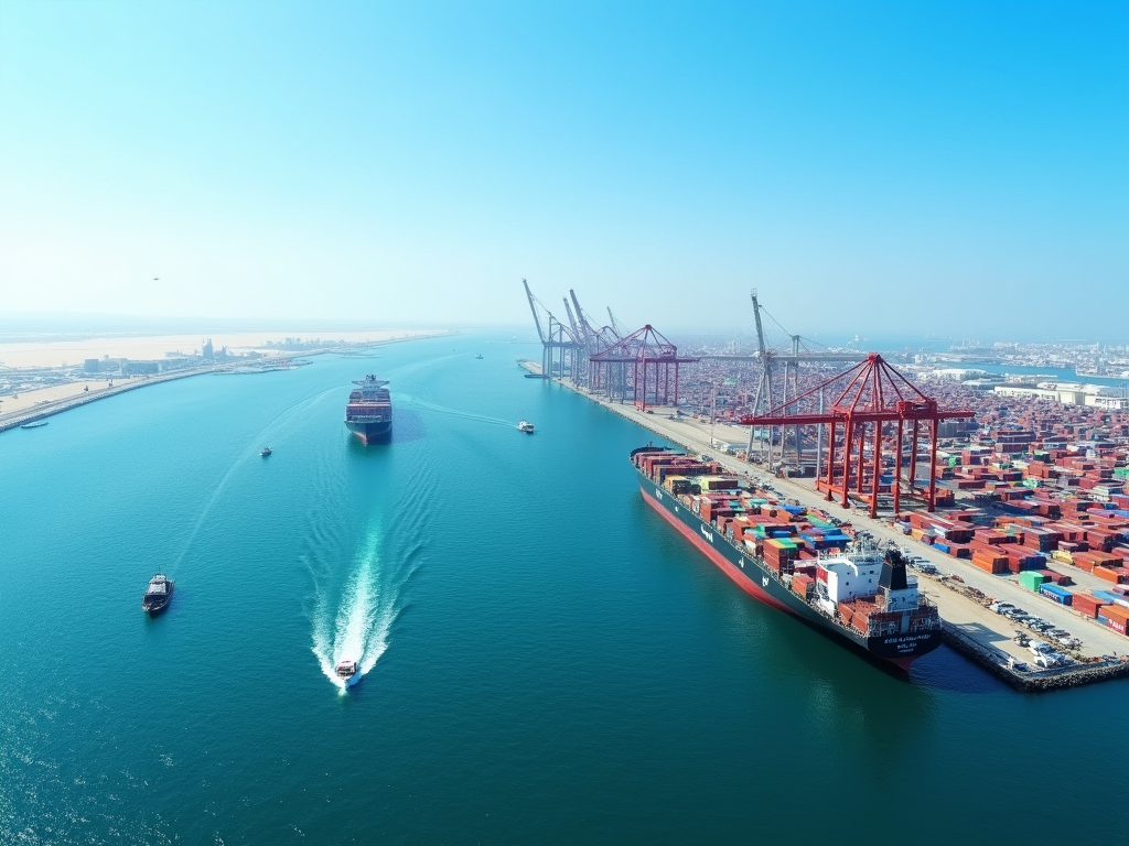 Aerial view of a busy sea port with several large ships and a vast array of colorful containers.