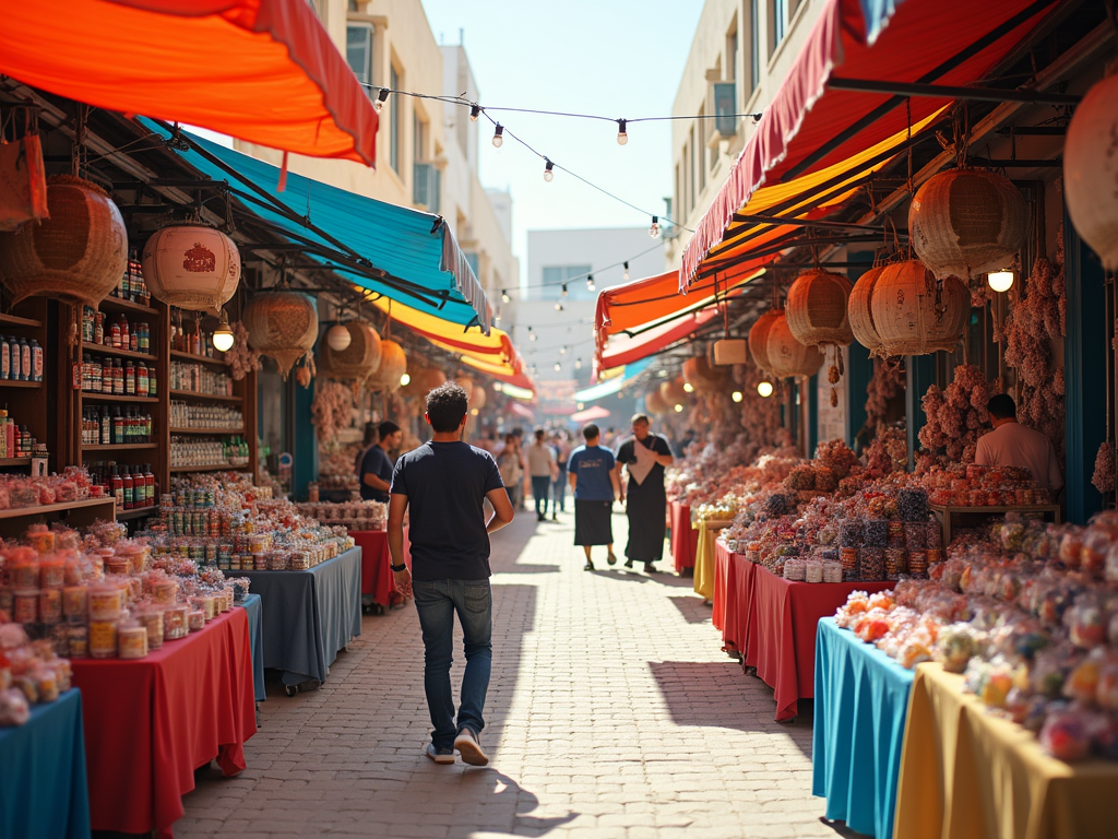 Brightly colored market street with people, stalls displaying spices and wicker baskets under vibrant awnings.