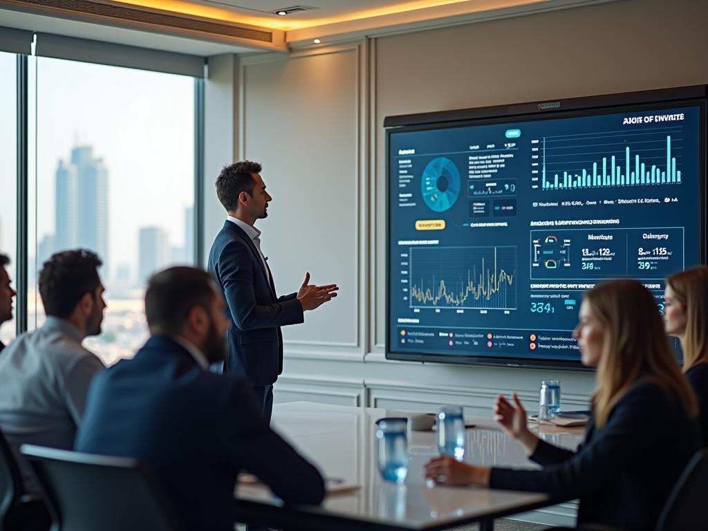 Businessman presenting data analytics on a screen to colleagues in a conference room with city view.