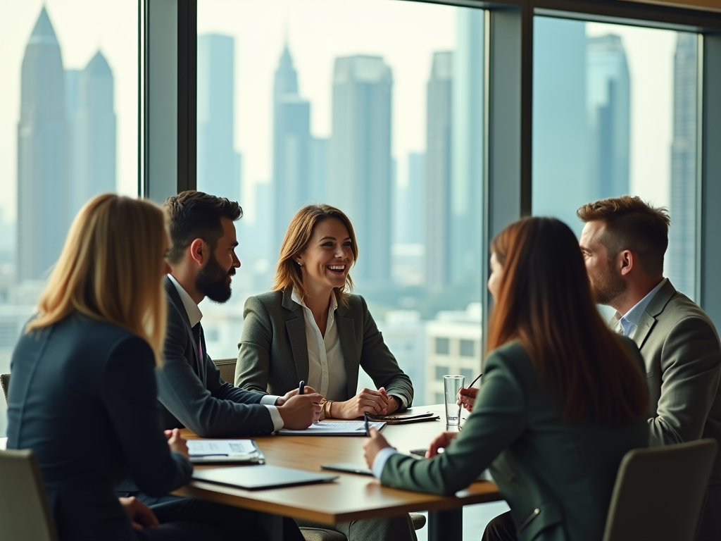 Business colleagues in a meeting at a table by a window overlooking a cityscape.