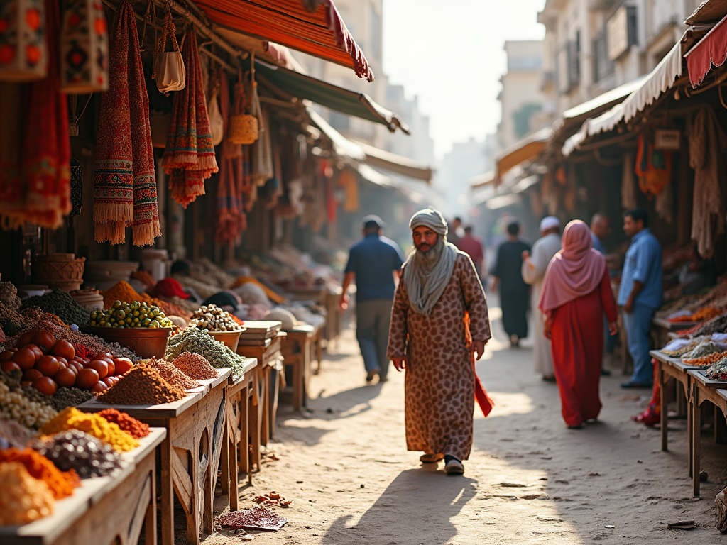 Bustling market scene with colorful spice stalls and people, including a man in traditional attire walking.