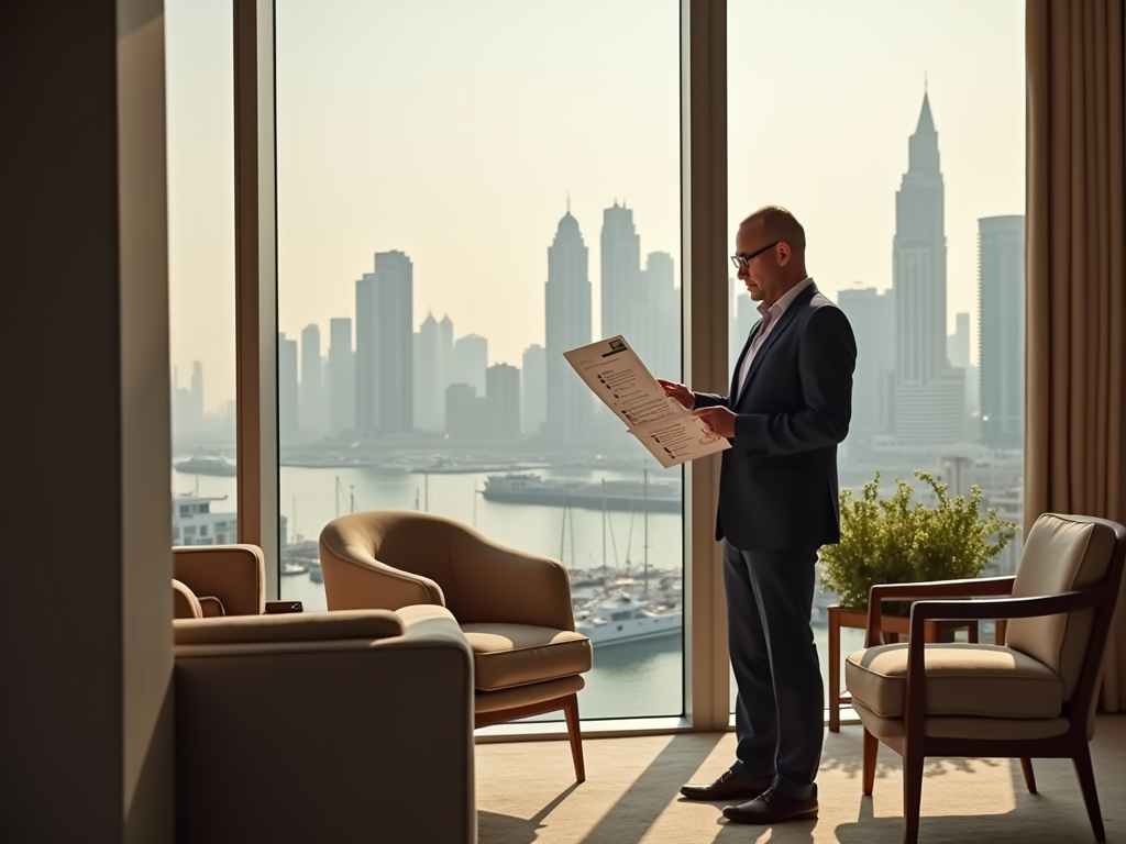 Man in a suit reviews documents in a modern office with city skyline and marina view.