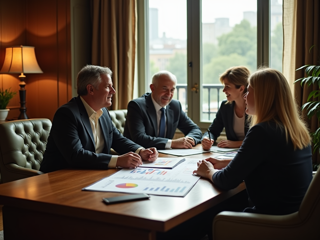 Four professionals discussing business charts in a well-lit, elegant office room.