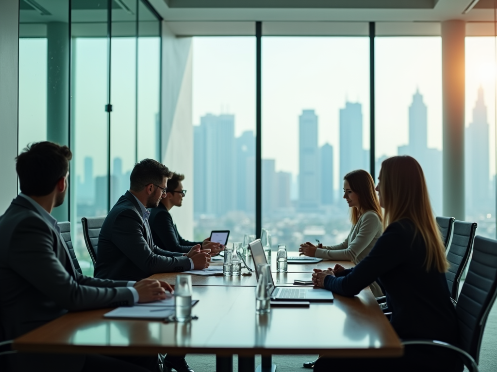 Business professionals in a meeting room with large windows overlooking a city skyline.