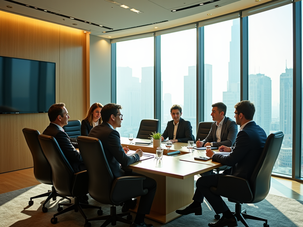 Business professionals in a meeting around a table in a modern office with city views.