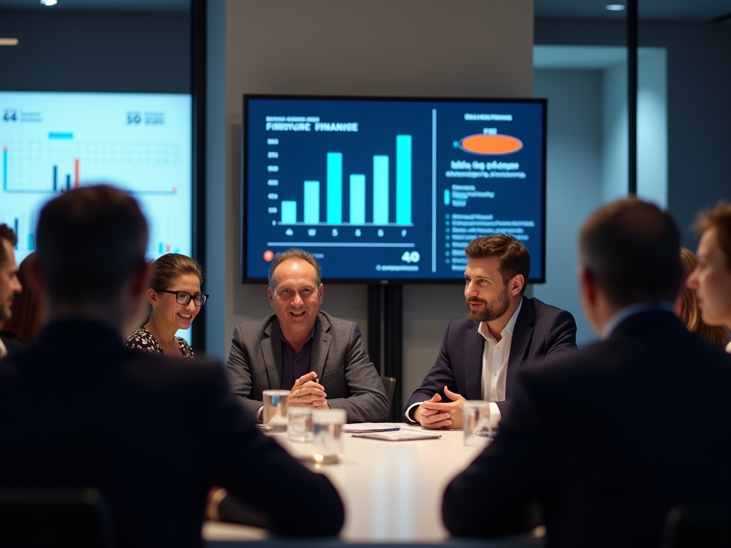 Business professionals engaged in a meeting with digital charts in the background.