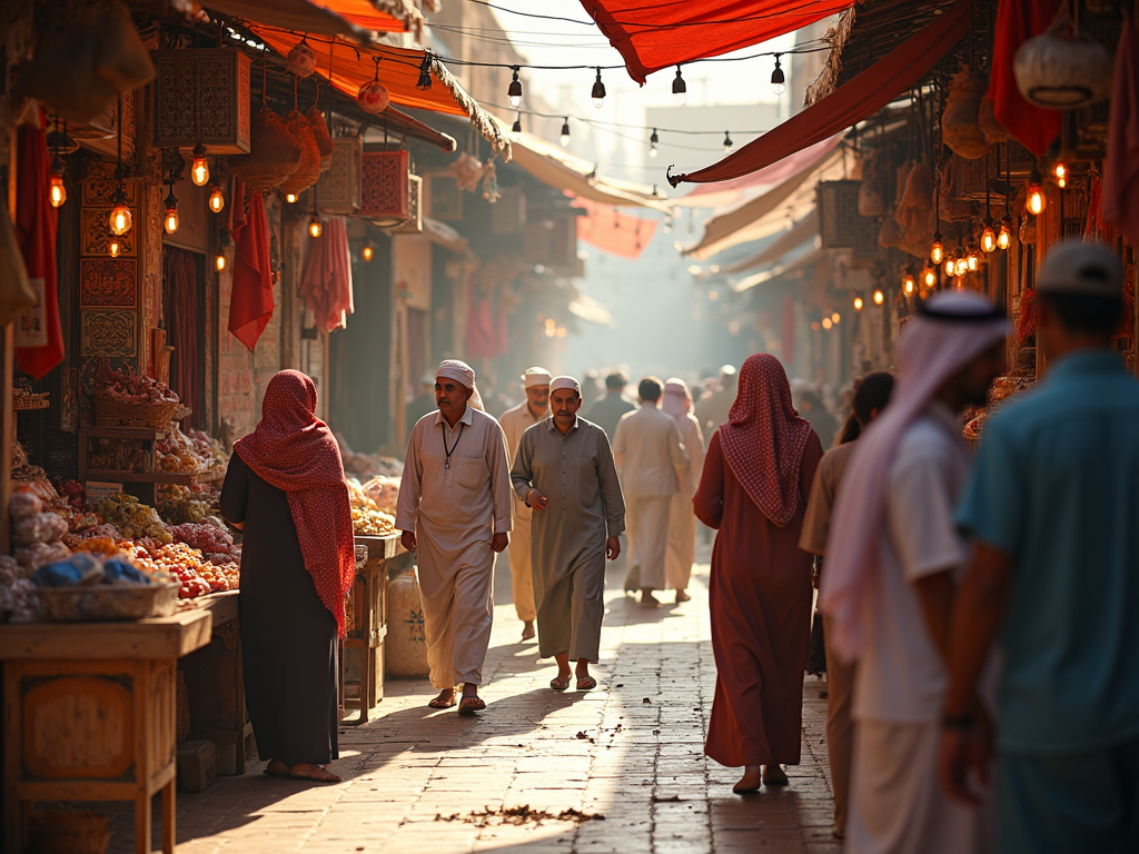 Bustling market scene with people walking and stalls displaying goods under red drapes.