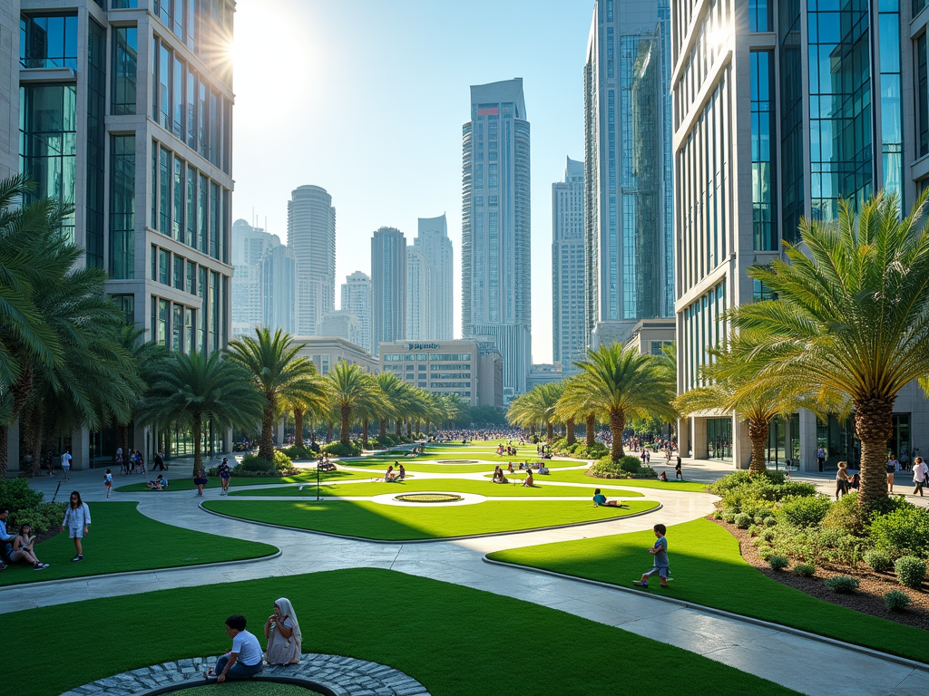 Sun-lit urban park with modern high-rises, people relaxing on grass, and lush palm trees.