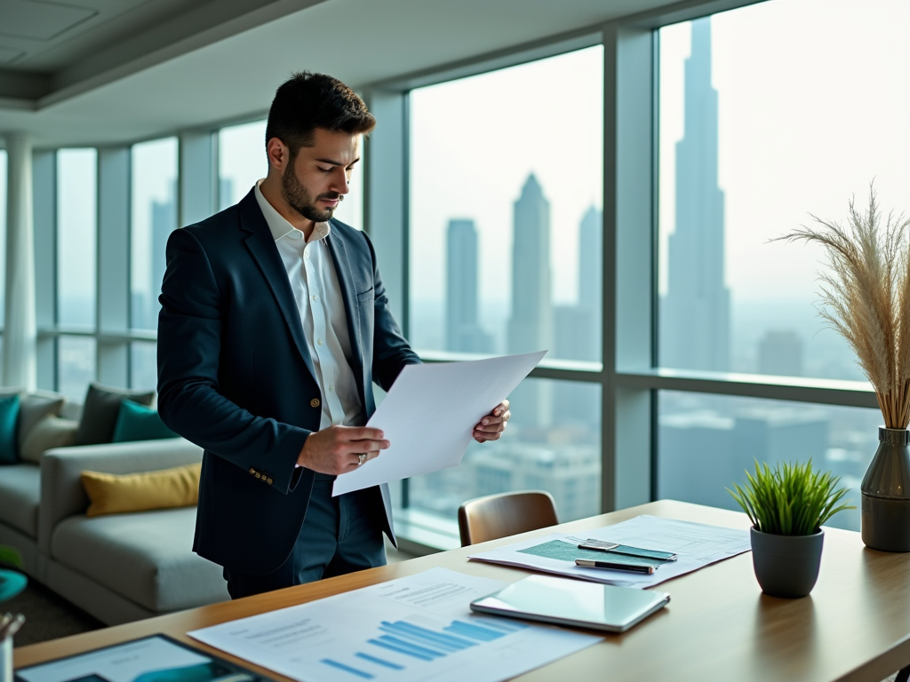 Businessman in office reviewing documents with city skyline in background.