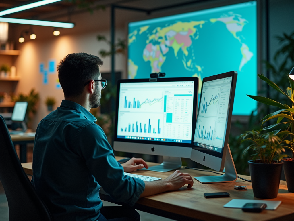 Man analyzing financial data on multiple screens in a modern office at night.