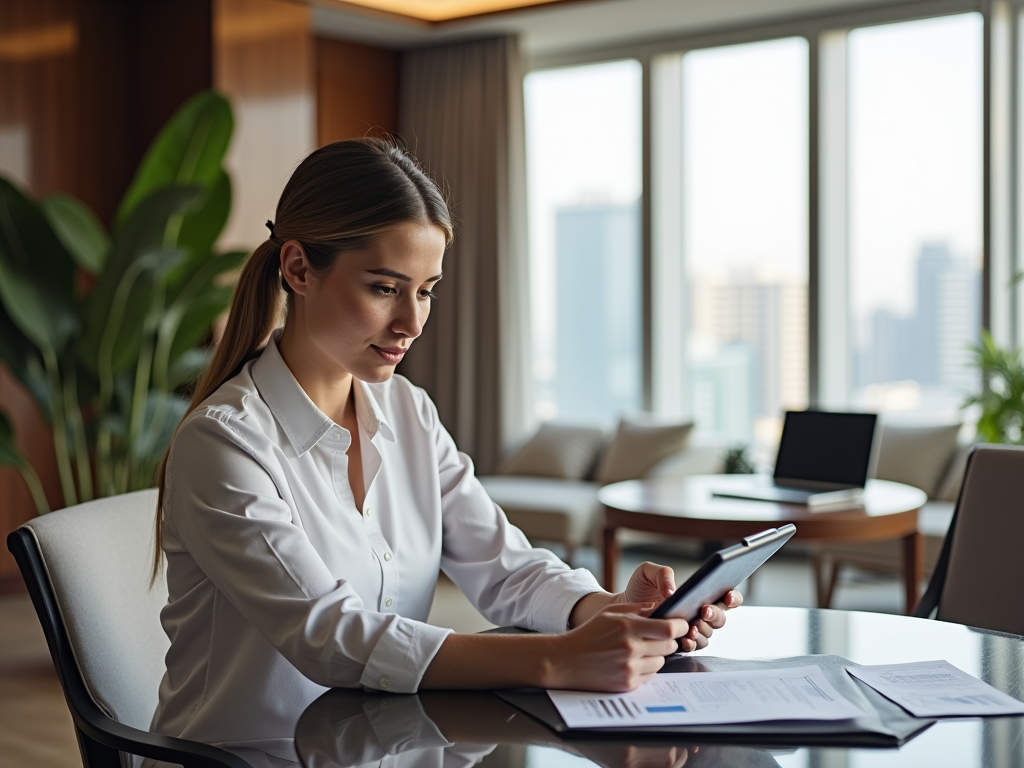 Woman in white shirt using tablet in modern office with city view.