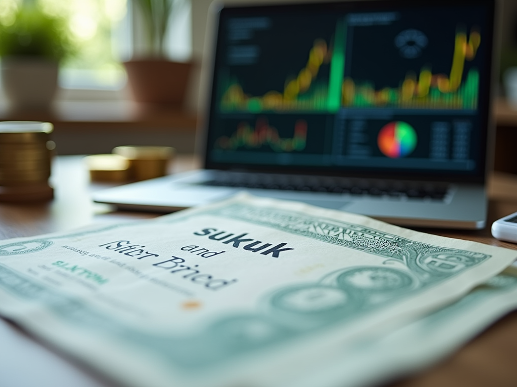 An office desk with documents labeled 'Sukuk and Silver Brief', stacks of coins, and a laptop showing financial graphs.