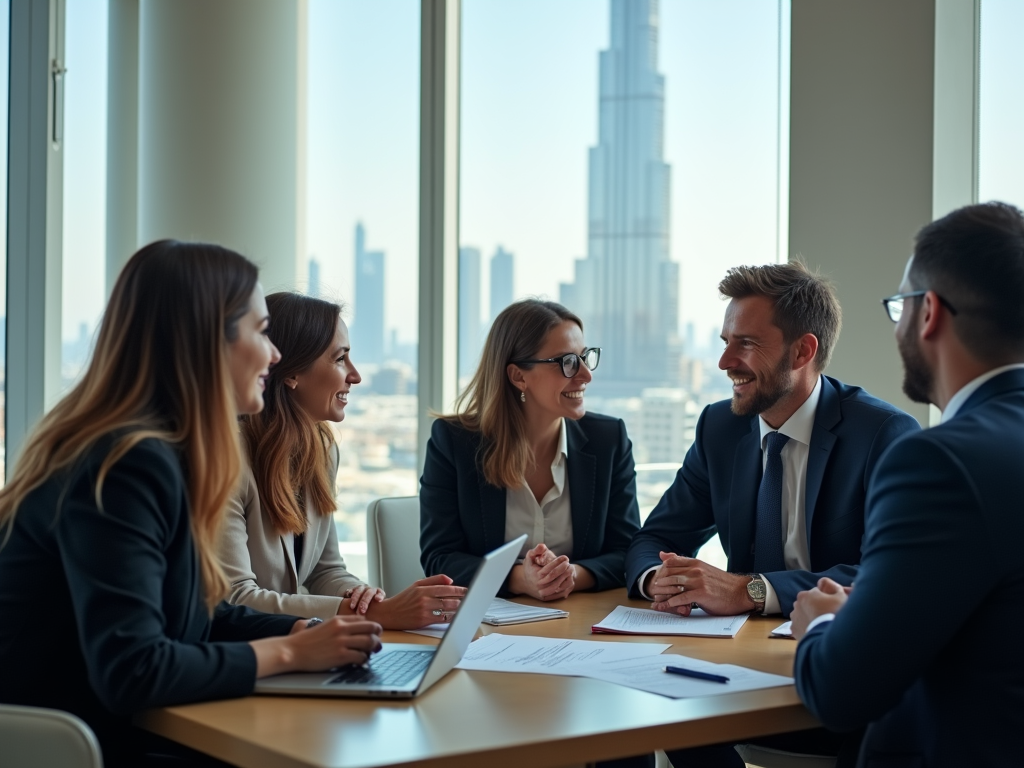 Group of five business professionals having a meeting in a conference room with city skyline in the background.