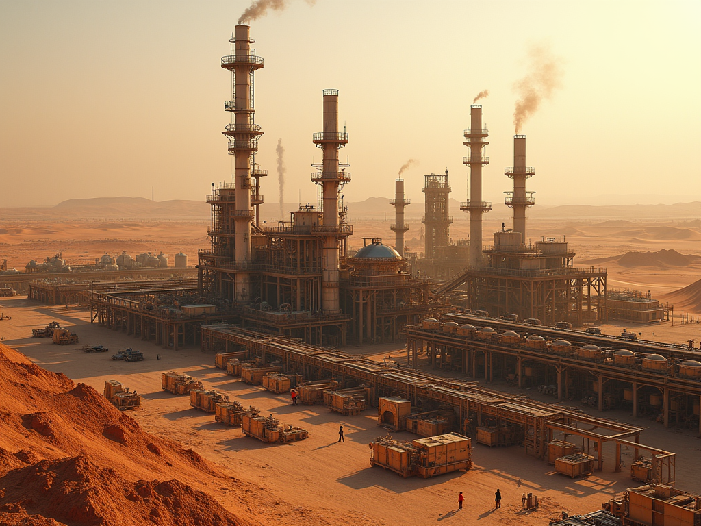 A vast industrial complex with towering structures emits smoke amid a desert landscape at sunset.