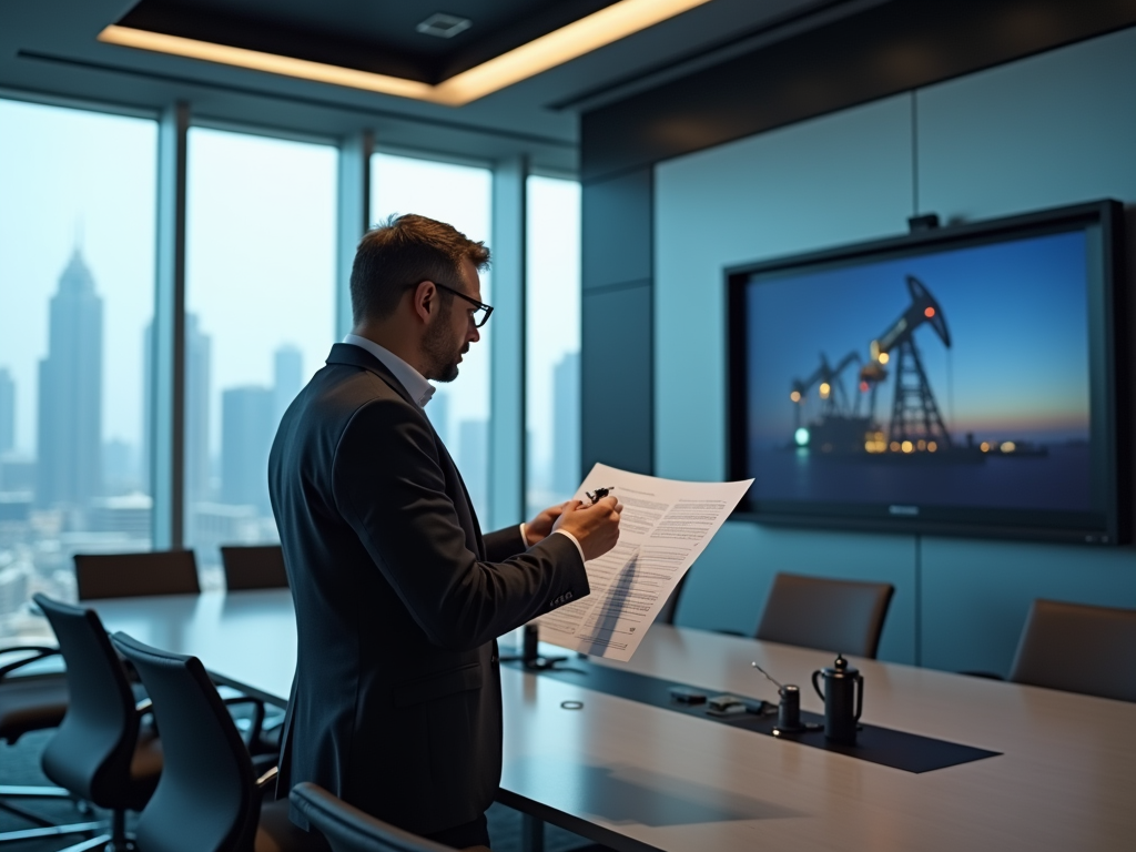 Businessman reviewing documents in a conference room with cityscape and oil rig on a screen.