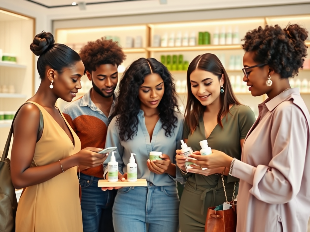 Five people are joyfully examining skincare products in a bright store, with shelves of products in the background.