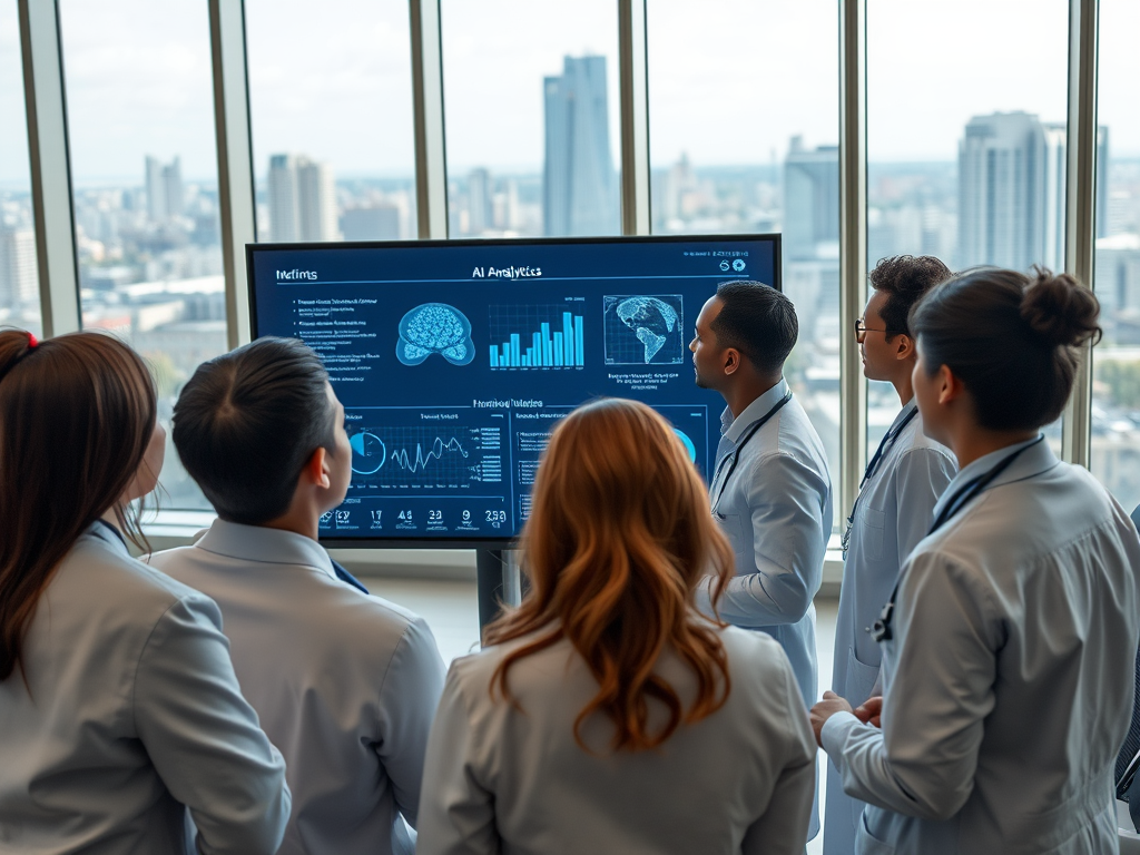 A group of doctors in white coats examines data on a large screen, showcasing AI analytics and medical metrics.