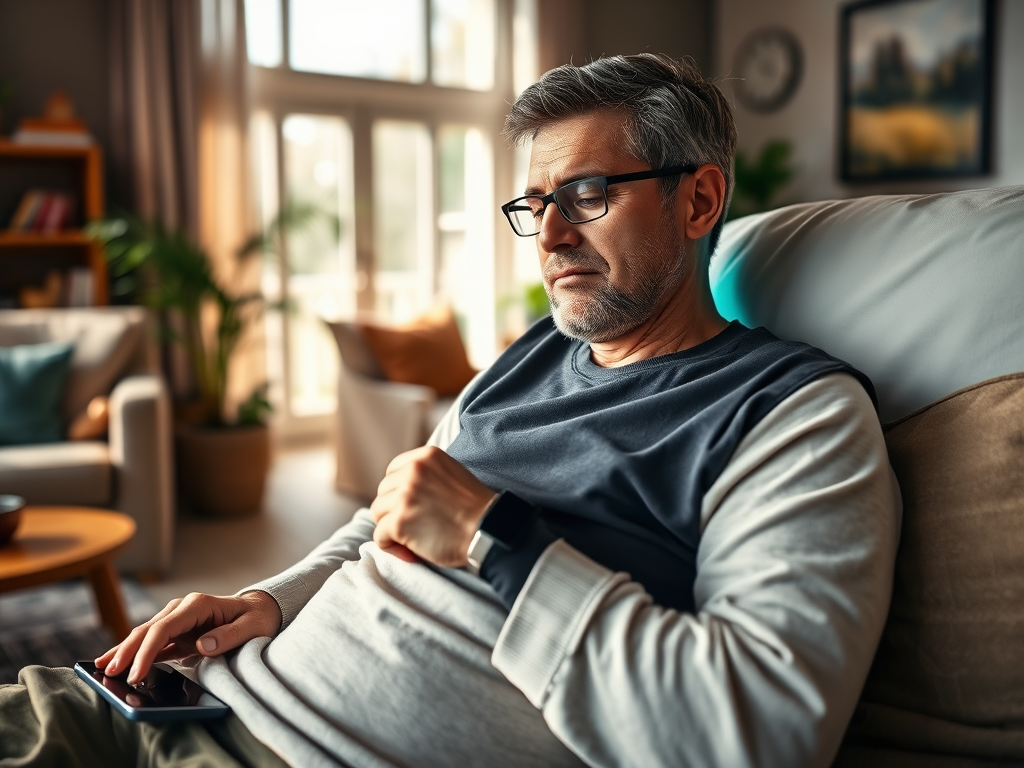 A middle-aged man in glasses sits comfortably on a couch, looking at his smartphone in a cozy living room.