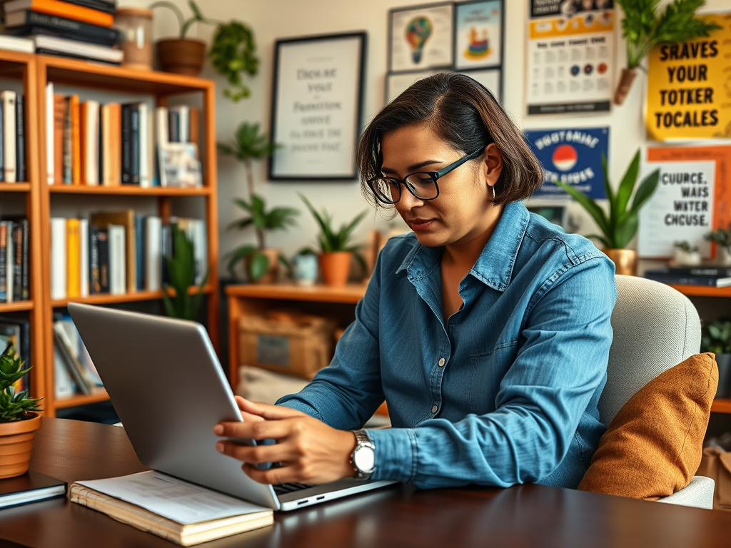 A woman in a blue shirt works on a laptop in a cozy office filled with books and plants.