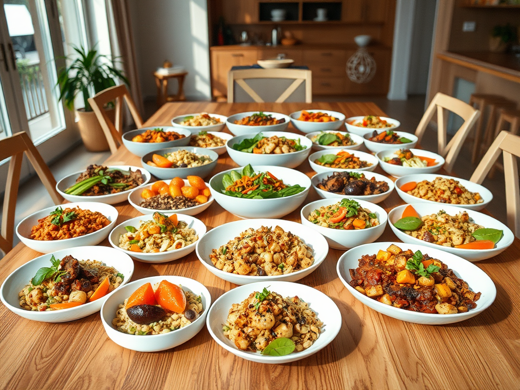 A table filled with various colorful dishes in white bowls, showcasing a variety of ingredients and garnishes.