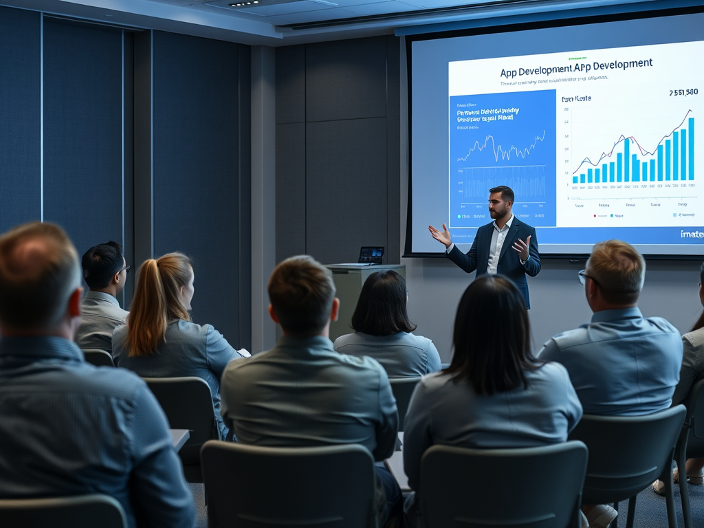 A presenter discusses app development statistics to an engaged audience in a modern conference room.