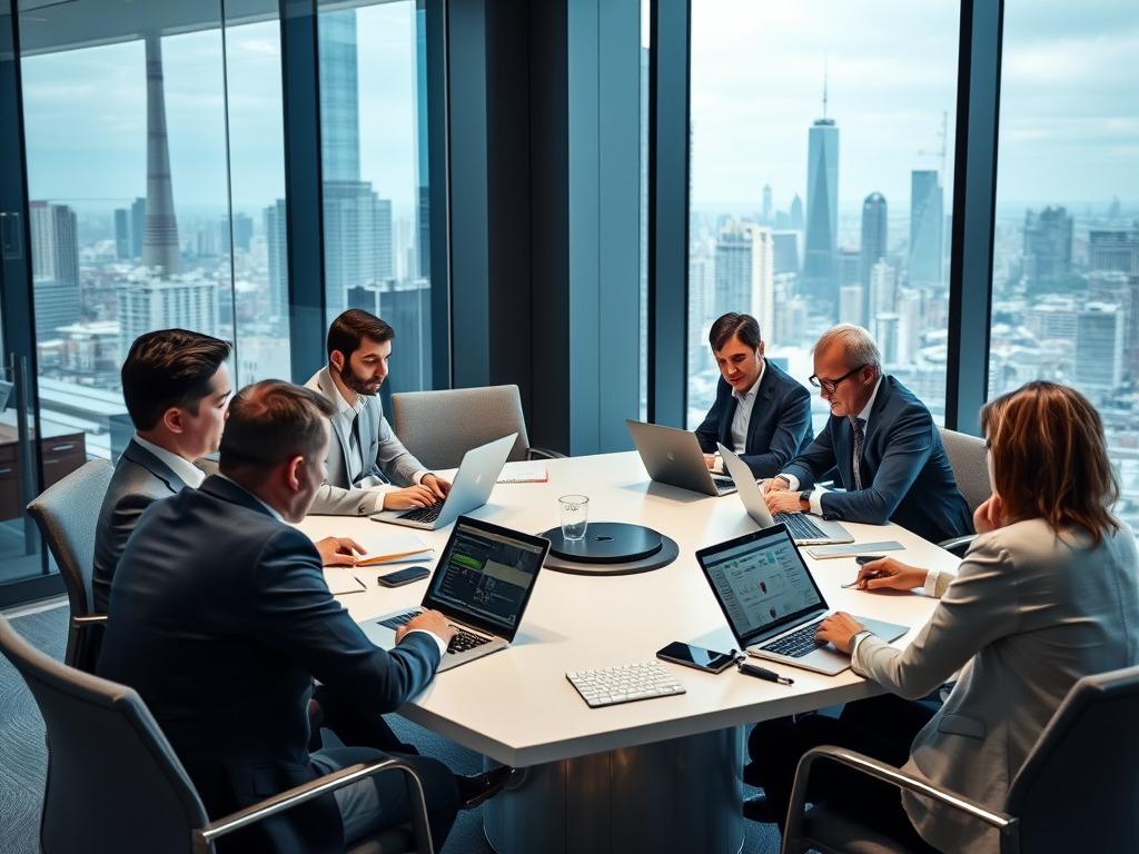 A diverse group of professionals in suits collaborates around a modern conference table with city views.