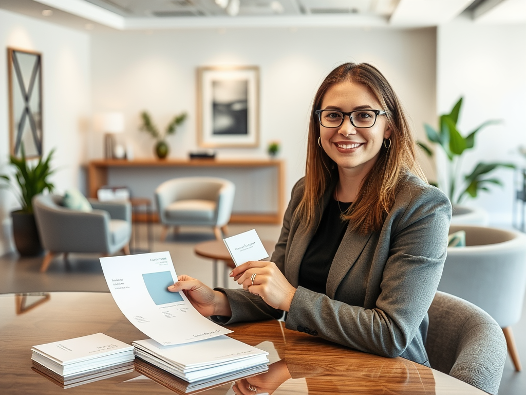 A smiling woman in a blazer holds a business card, surrounded by printed materials and a modern office setting.