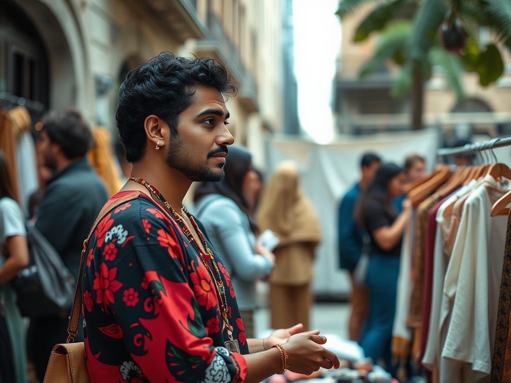 A person in a floral-patterned shirt looks thoughtfully while shopping at an outdoor market, surrounded by other people.