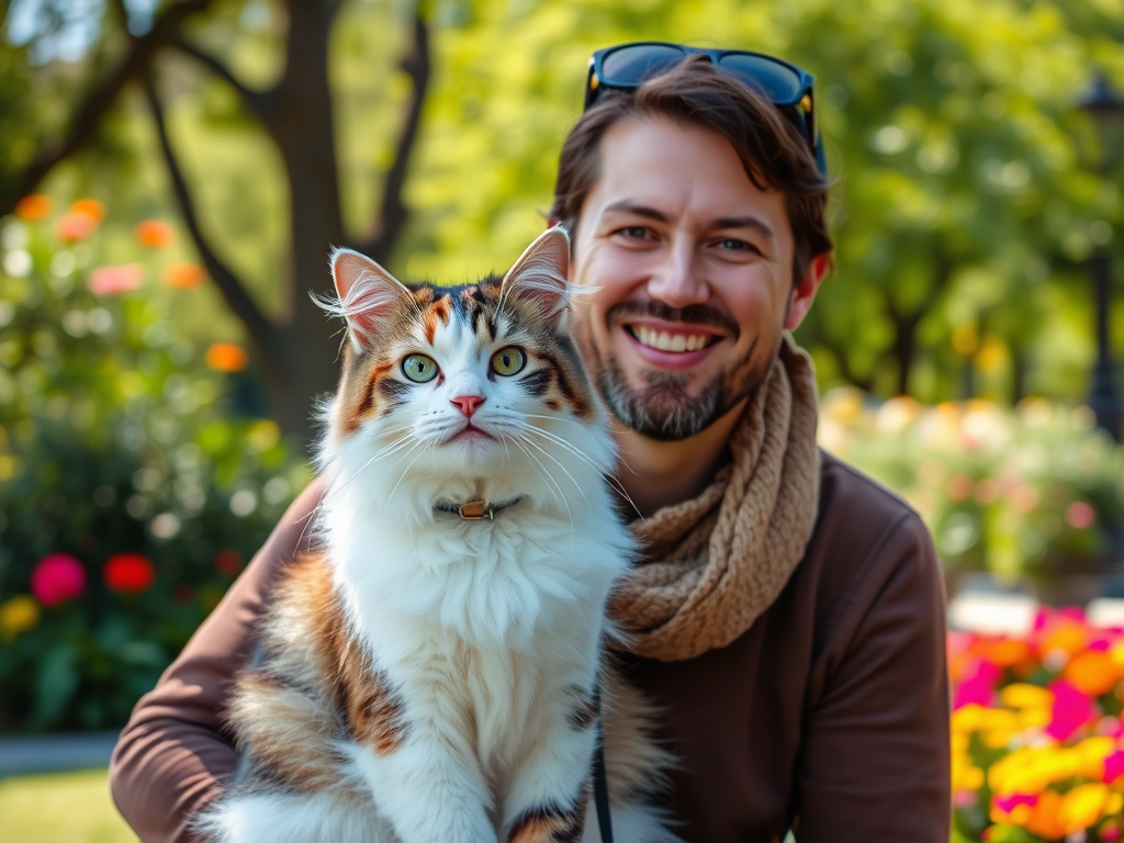 A smiling man holds a fluffy cat in a vibrant garden filled with colorful flowers. Bright and cheerful atmosphere.