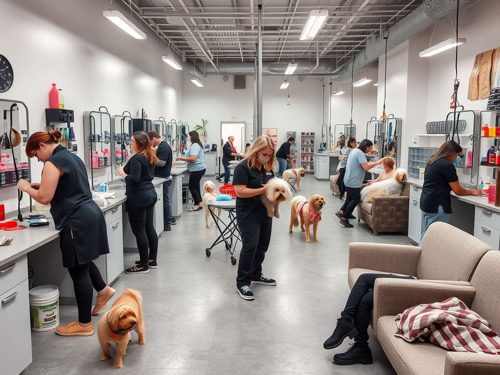 A bustling dog grooming salon with stylists working, dogs being pampered, and a cozy seating area.