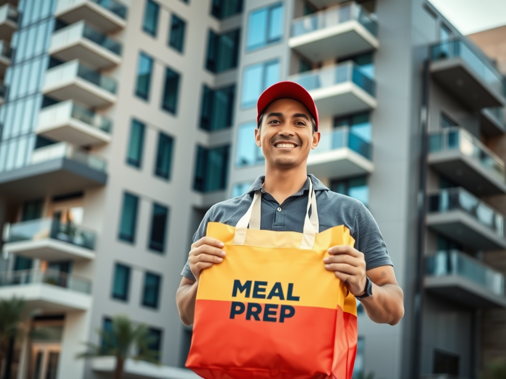 A smiling delivery person holds a bright bag labeled "MEAL PREP" in front of modern apartment buildings.