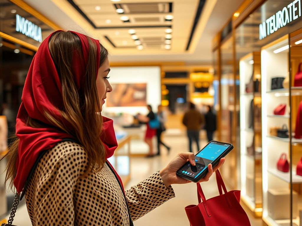 A woman with long hair wearing a red scarf checks her phone while shopping in a stylish boutique.